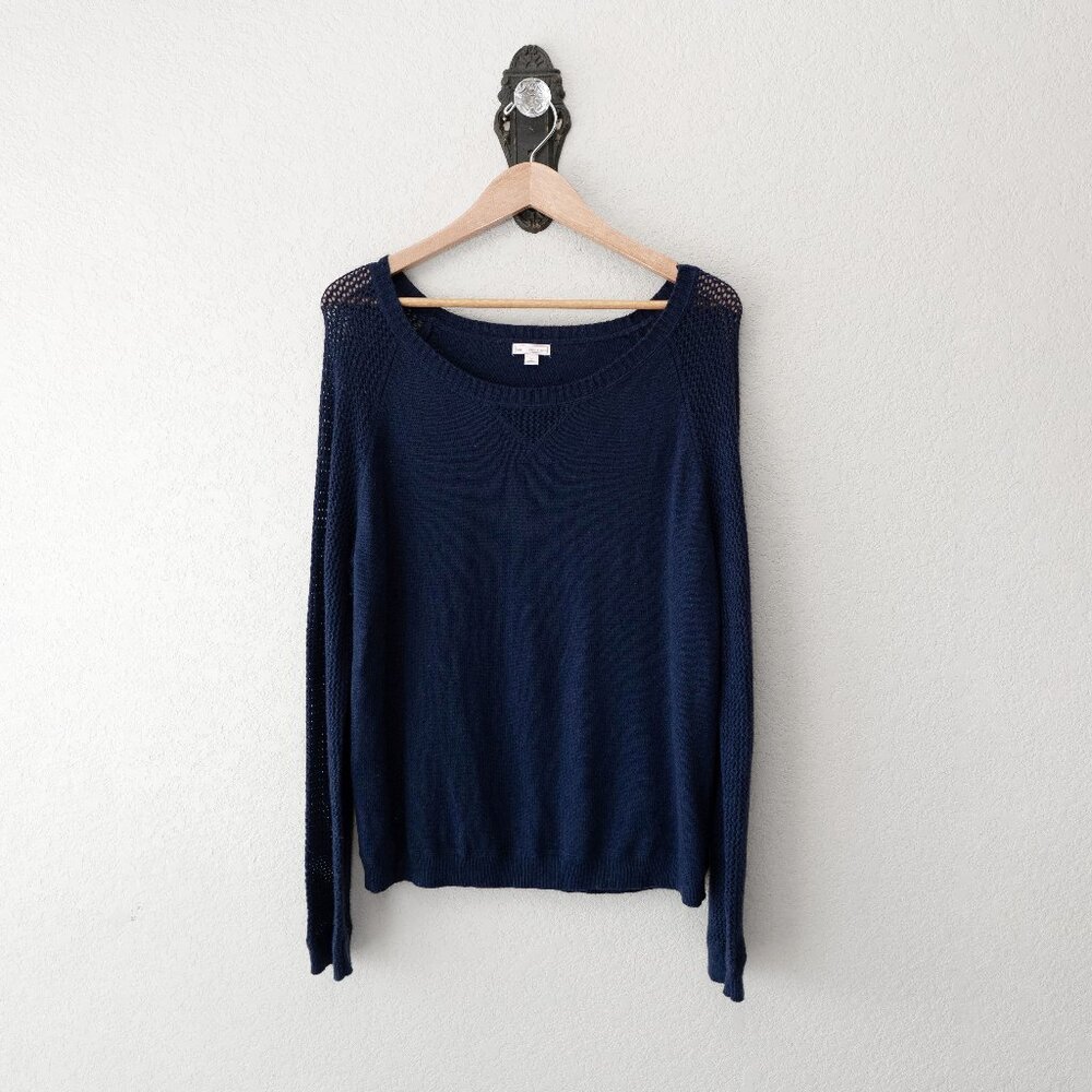 Gap Womens Large Navy Blue Wool Blend Open Knit Sleeve Crewneck Sweater